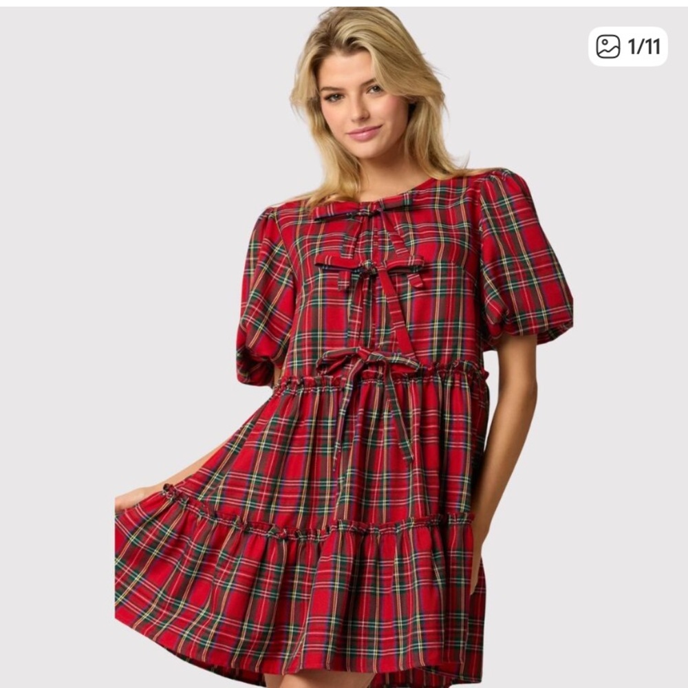 NWT Peach Love  Red Mini Bow Tie Plaid Puffed A Line Coquette Christmas Medium